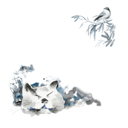 Cats face with closed eyes dreaming about bird. Sleeping cat and listening nightingales song on the olive branch. Cheshire cats smile. Watercolor sketch is maid in a watercolor stain of cat and fishの写真素材