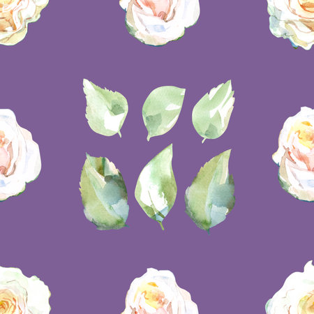 Seamless pattern of white roses with green leaves in collection garden flowers. Watercolor illustration for floral design of fabrics, kitchen towel, textiles, weaving, wallpaper, wrapping paper. Handの写真素材