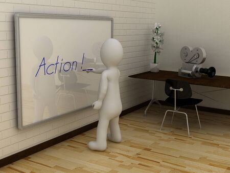 3D abstract white man writing Action on whiteboardの写真素材