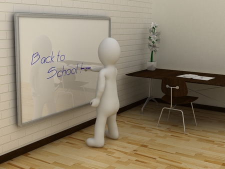 3D abstract white man writing back to school on whiteboardの写真素材