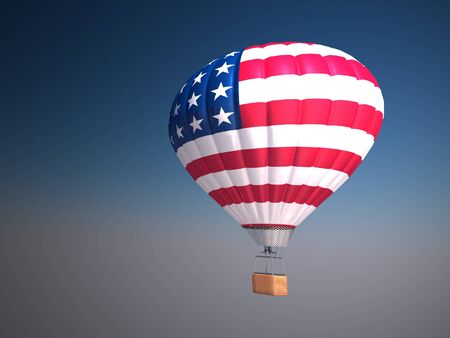 Hot air balloon with flag of USA  over blue sky , 3d illustrationの写真素材