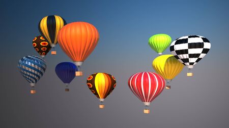 Colorful hot air balloons over blue sky, 3d illustrationの写真素材