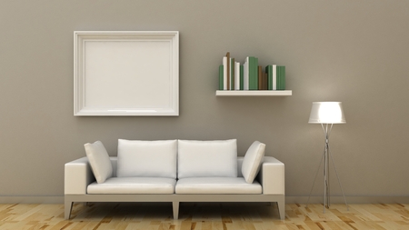 Empty picture frames in classic interior background on the decorative painted wall with wooden floor. Copy space image. 3d renderの写真素材