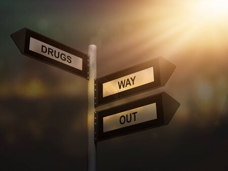 Drugs way out problem sign. Prevention and cure drug addiction problem concept.の写真素材