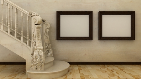 Empty picture frames in classic interior background with stairs on the decorative brick wall with wooden floor. Copy space image. 3d renderの写真素材