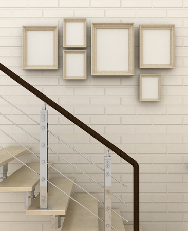 Empty picture frames in classic interior background with stairs on the decorative brick wall with wooden floor. Copy space image. 3d renderの写真素材