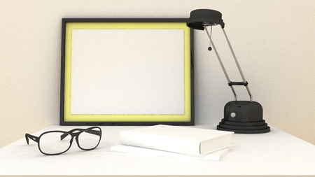 Empty picture frames in classic interior background on the decorative painted wall with wooden...