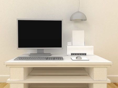 Empty PC computer monitor with ink jet or laser printer on table in modern classic interior background with decorative paint wall and wooden floor. Copy space image. 3d renderの写真素材