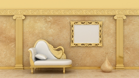 Empty picture golden frames in luxury interior background on the decorative painted wall with plaster decoration ancient greek elements and columns with travertino marble floor. Copy space image. 3d renderの写真素材