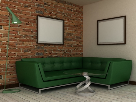 Empty picture frames in classic interior background on the brick wall with wooden floor. Copy space image. 3d renderの写真素材