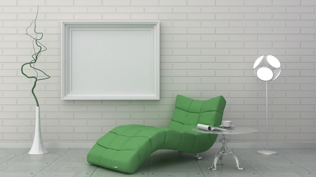 Empty picture frames in classic interior background on the decorative painted wall with wooden floor. Private space with chair and floor lamp. Copy space image. 3d renderの写真素材