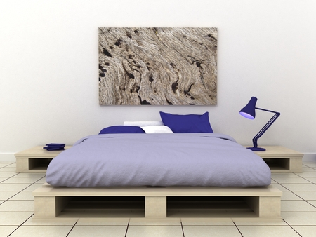 Empty picture frames in classic bedroom interior background on the decorative painted wall with wooden floor. Bed, nightstand, pillow, sheets and blanket. Copy space image. 3d renderの写真素材