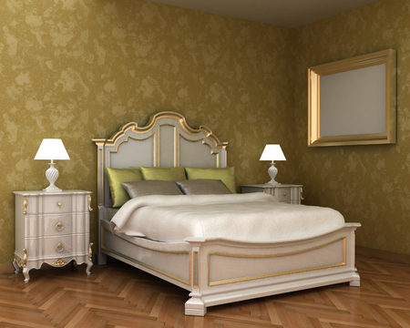Interior decoration of luxury bedroom bed, night stand and picture frames on the decoration painted wall with wooden floor. Copy space image. 3d renderの写真素材