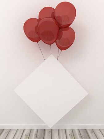 Empty picture frames in modern interior background on the white brick wall with rustic wooden floor with balloons. Celebration, New Year and birthday concept. Copy space image.の写真素材