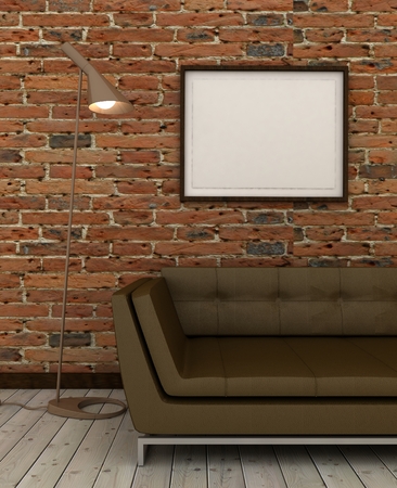 Empty picture frames in classic interior background on the brick wall with wooden floor. Copy space image. 3d renderの写真素材