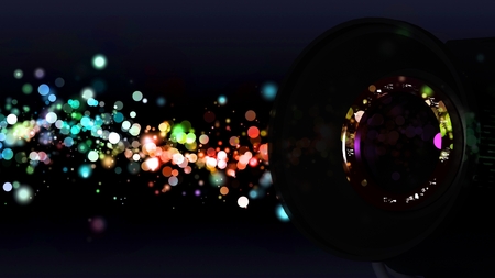 City lights in camera lens backgroundの写真素材