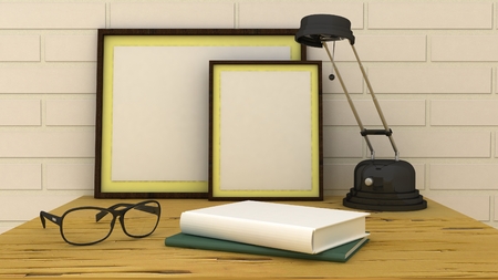 Empty picture frames in classic interior background on the decorative painted wall with wooden floor. Privat library with table and lamp. Copy space image. 3d renderの写真素材