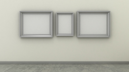 Empty picture frames in modern interior background on the whitewash paint wall with concrete floor. Copy space image.の写真素材