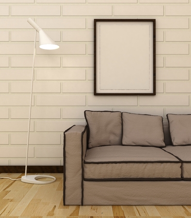 Empty picture frames in classic interior entrance background on the decorative brick wall with wooden floor. Copy space image. 3d renderの写真素材