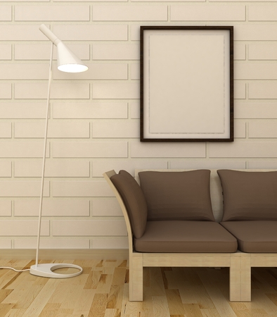 Empty picture frames in classic interior entrance background on the decorative brick wall with wooden floor. Copy space image. 3d renderの写真素材