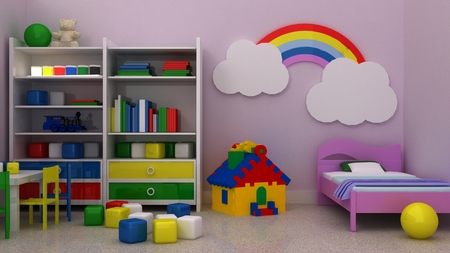 Empty picture frames in classic children room interior background on the decorative painted wall with ruber floor. Copy space image. 3d renderの写真素材