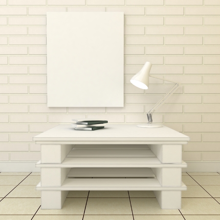 Empty picture frames in classic interior background on the decorative painted wall with wooden floor. Privat library with table and lamp. Copy space image. 3d renderの写真素材