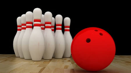 Bowling ball with pins on wooden floorの写真素材