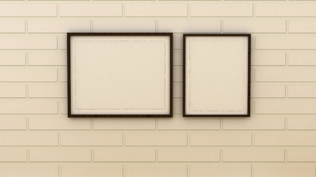 Empty picture frames in modern interior background on the white brick wall. Copy space image.の写真素材