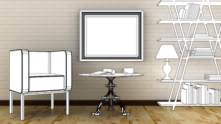 Interior decoration with arm chair, lamp, vase, library, table and picture frame on the brick wall with wooden floor. Copy space image. 3d renderの写真素材