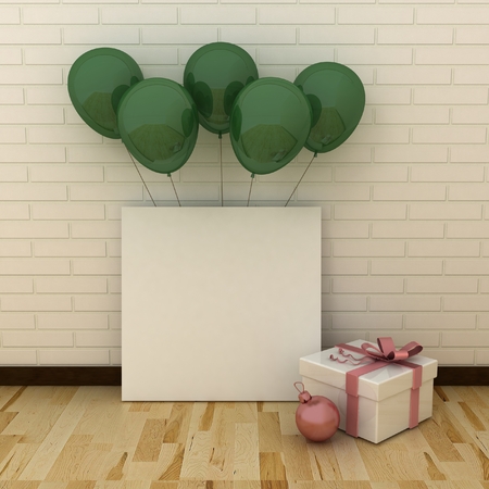 Empty picture frames in modern interior background on the white brick wall with rustic wooden floor with balloons. New Year and christmas concept. Copy space image.の写真素材