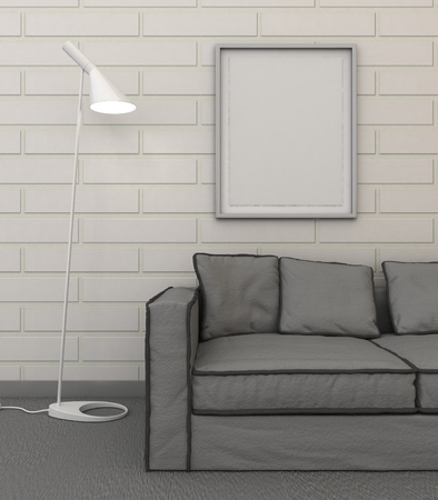 Empty picture frames in classic interior entrance background on the decorative brick wall with wooden floor. Copy space image. 3d renderの写真素材