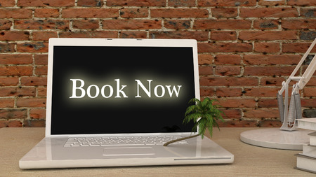 Book now online with palm tree on white notebook, laptop. Internet, web booking concept.の写真素材