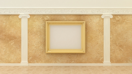 Empty picture golden frames in classic luxury interior background on the decorative paint wall with plaster decoration ionic greek elements and columns with travertinomarble floor. Copy space image.の写真素材