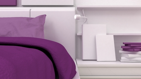 Books on the shelves in classic bedroom interior background detail. Bed, nightstand, pillow, sheets and blanket. Copy space image. 3d renderの写真素材