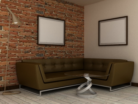 Empty picture frames in classic interior background on the brick wall with wooden floor. Copy space image. 3d renderの写真素材