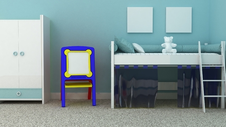 Empty picture frames in classic children room interior background on the decorative painted wall with ruber floor. Copy space image. 3d renderの写真素材