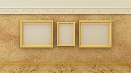 Empty picture golden frames in classic luxury interior background on the decorative paint wall with plaster decoration elements with wooden floor. Copy space image.の写真素材