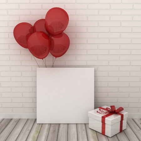 Empty picture frames in modern interior background on the white brick wall with rustic wooden floor with balloons. Celebration, New Year and birthday concept. Copy space image.の写真素材