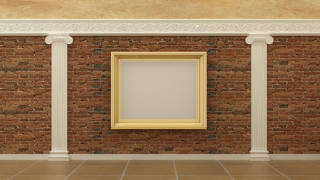Empty picture golden frames in classic luxury interior background on the decorative paint wall with plaster decoration ionic greek elements and columns with travertinomarble floor. Copy space image. 3d renderの写真素材