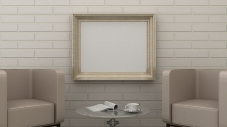 Empty picture frames in classic interior background on the brick wall with wooden floor. Copy space image. 3d renderの写真素材