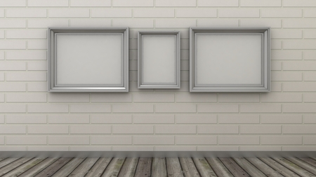 Empty picture frames in modern interior background on the white brick wall with rustic wooden floor Copy space image.の写真素材