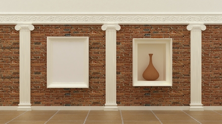 Empty picture golden frames in classic luxury interior background on the decorative paint wall with plaster decoration ionic greek elements and columns with travertinomarble floor. Copy space image. 3d renderの写真素材