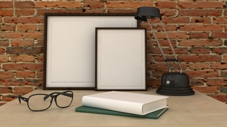 Empty picture frames in classic interior background on the decorative painted wall with wooden floor. Privat library with table and lamp. Copy space image. 3d renderの写真素材