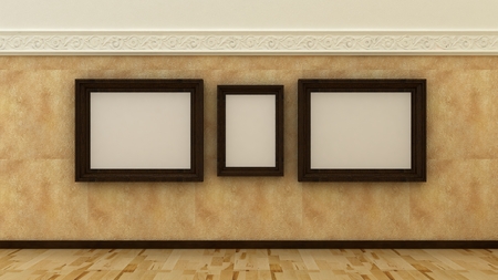 Empty picture frames in classic luxury interior background on the decorative paint wall with plaster decoration elements with wooden floor. Copy space image.の写真素材