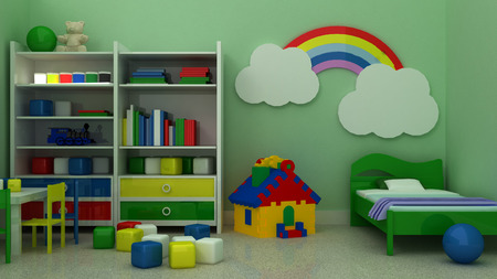 Empty picture frames in classic children room interior background on the decorative painted wall with ruber floor. Copy space image. 3d renderの写真素材