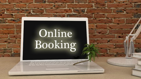 Online booking with palm tree on white notebook, laptop. Internet, web booking concept.の写真素材