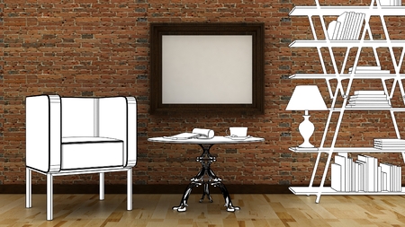 Interior decoration with arm chair, lamp, vase, library, table and picture frame on the brick wall with wooden floor. Copy space image. 3d renderの写真素材