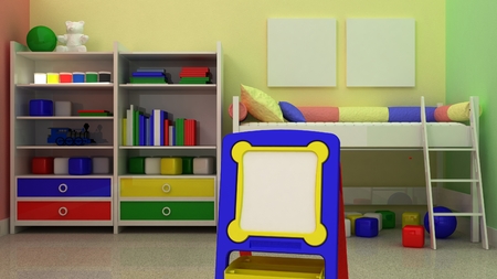 Empty picture frames in classic children room interior background on the decorative painted wall with ruber floor. Copy space image. 3d renderの写真素材