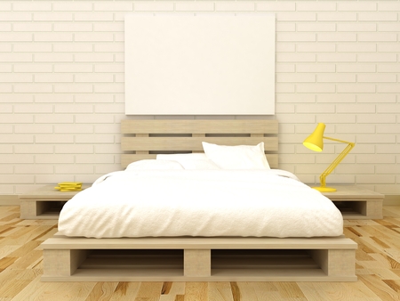 Empty picture frames in classic bedroom interior background on the decorative painted wall with wooden floor. Bed, nightstand, pillow, sheets and blanket. Copy space image. 3d renderの写真素材