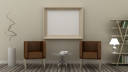 Empty picture frames in classic interior background on the decorative painted wall with wooden...